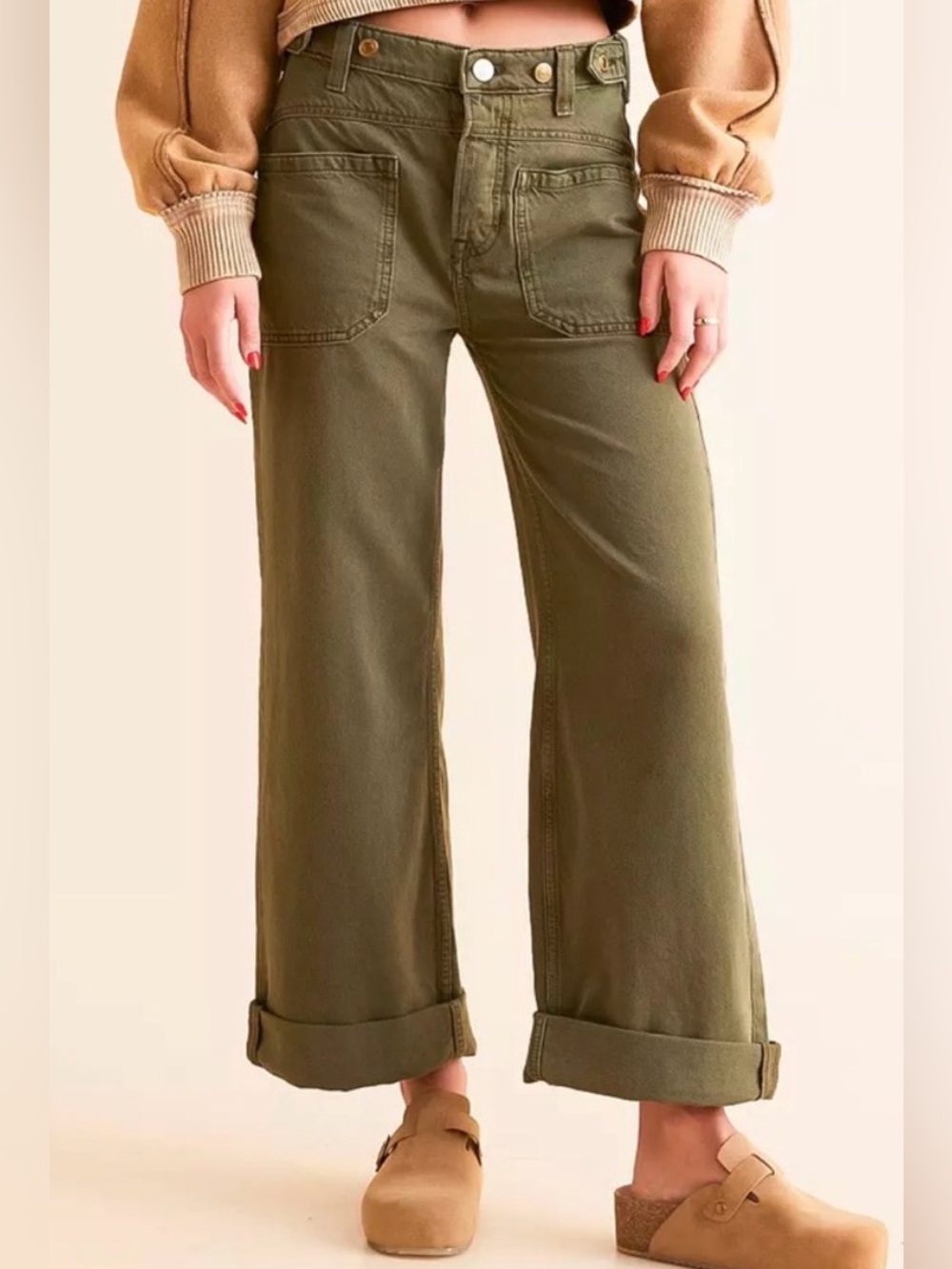 Free people Olive Green Wide-Leg Utility Jeans for Women